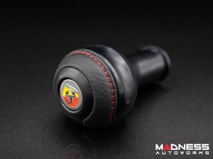 FIAT 500 Gear Shift Knob - Black Italy - Black Base/ Black Leather Top + Chrome ABARTH Logo - V2